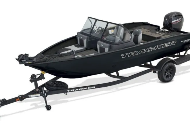 The Image of 2027 Tracker Pro Guide V-175 Combo boat on trailer, featuring sleek design and dual consoles. - 1
