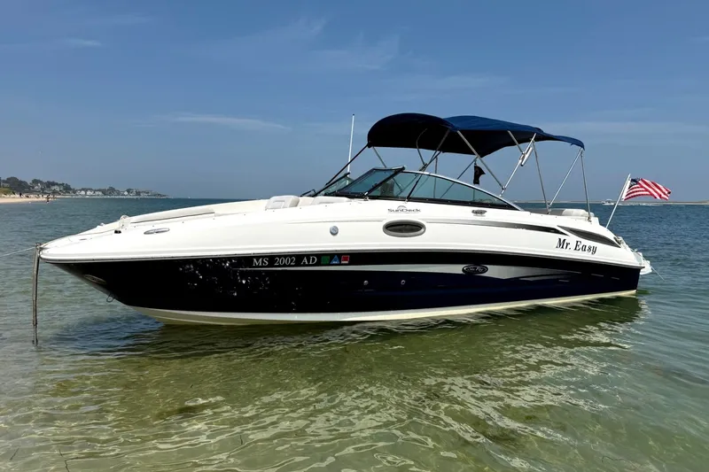 The Image of 2012 Sea Ray 260 Sundeck boat anchored in shallow water with American flag. - 3