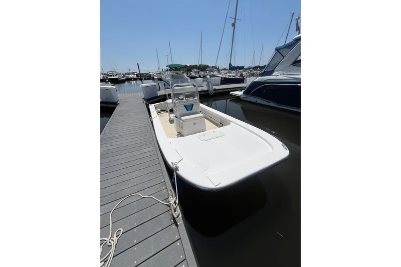 Slide: The Image of 2006 Twin Vee 19 BayCat boat docked at marina under clear sky. - 3
