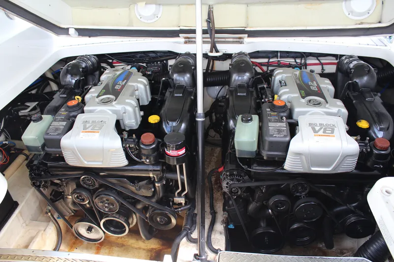 Slide: The Image of Twin V8 engines in a 2017 Formula 330 Crossover Bowrider boat engine compartment. - 29