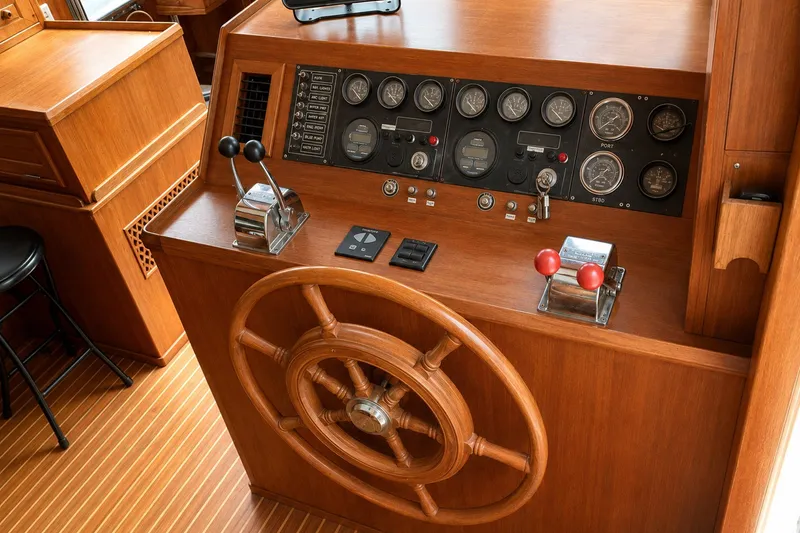Slide: The Image of 1986 Marine Trader Labelle helm with wooden wheel and control panel. - 13
