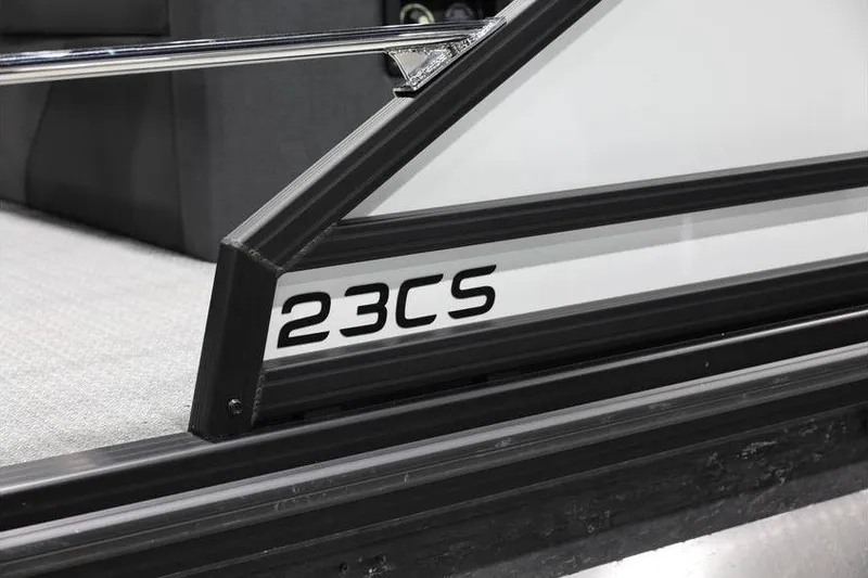 Slide: The Image of Close-up of Evotti 723CS boat railing, model year 2026, featuring "23CS" text. - 24