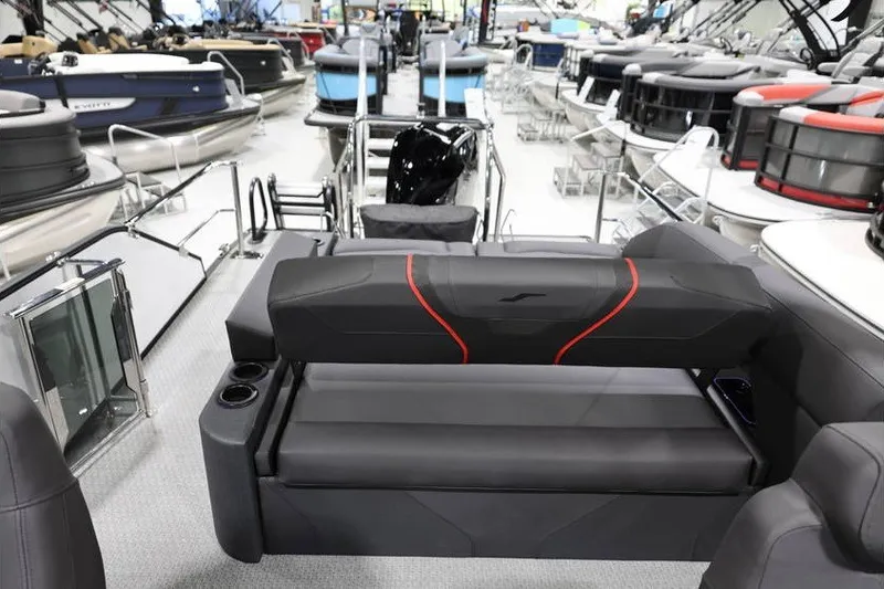Slide: The Image of Showroom display of 2026 Evotti 723CS boat with luxurious seating and modern design. - 15