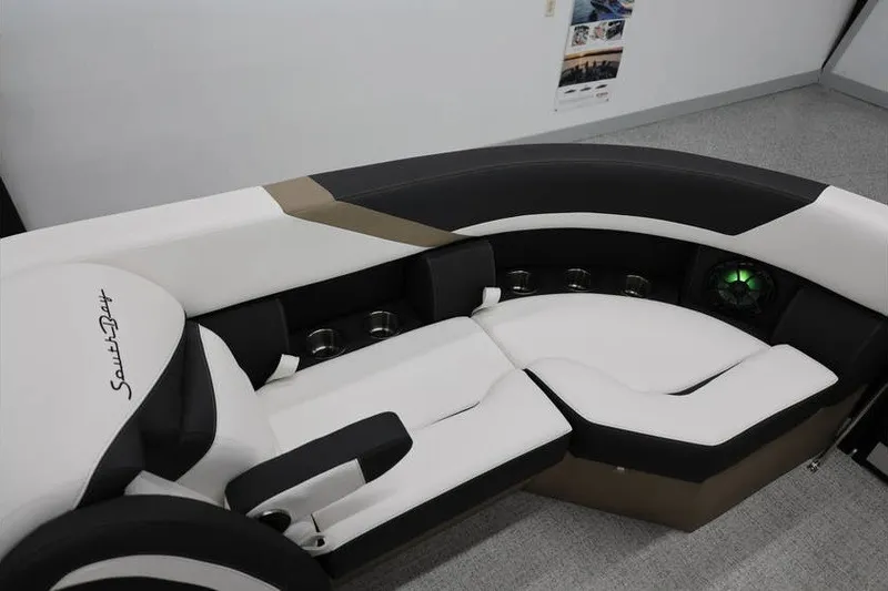 Slide: The Image of Luxurious seating on 2026 South Bay 224 RS Tritoon, featuring sleek black and white design. - 24