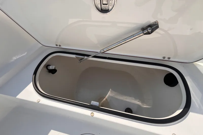 Slide: The Image of Open storage compartment on 2023 BlackJack 256 Bay boat, featuring hydraulic support. - 13