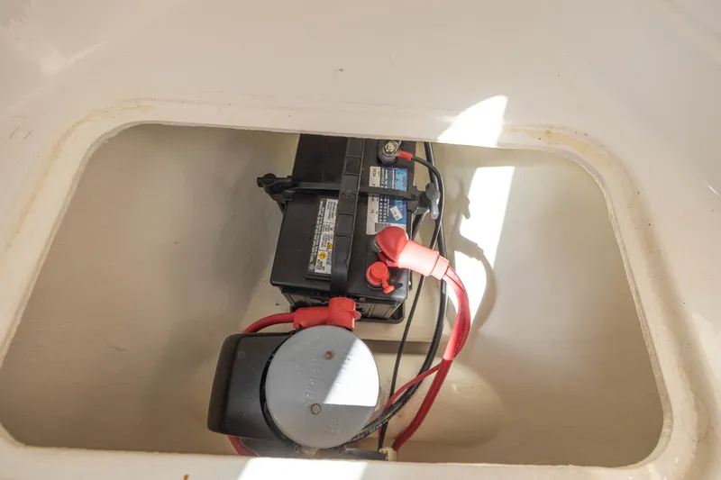 Slide: The Image of Battery compartment of 2019 Rosborough 246 Halifax boat, featuring wiring and connections. - 14