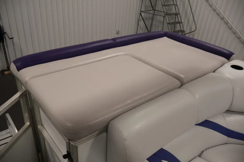 Slide: The Image of 2009 Leisurecraft 22 Cruise boat interior with cushioned seating and purple accents. - 35