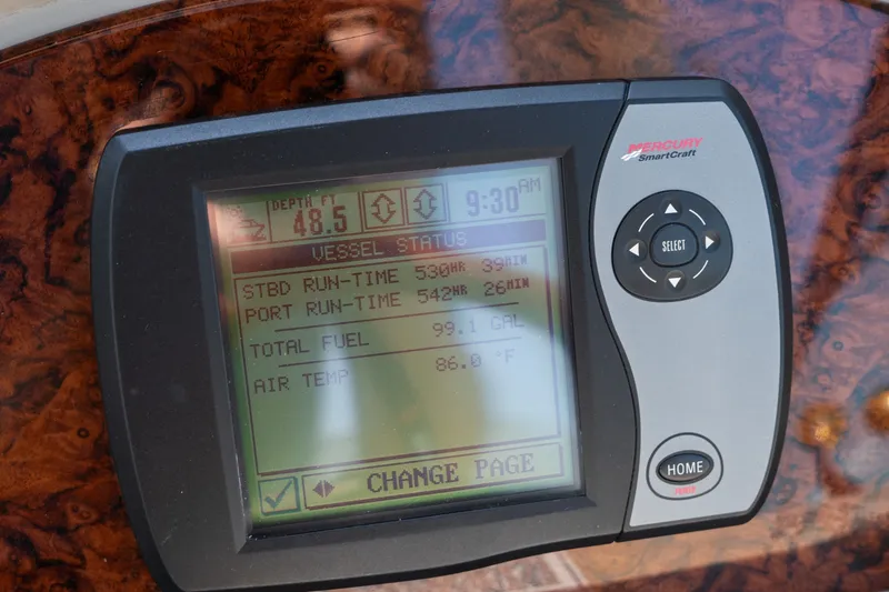 Slide: The Image of Mercury SmartCraft display on 2007 Sea Ray 340 Sundancer showing vessel status and fuel data. - 38