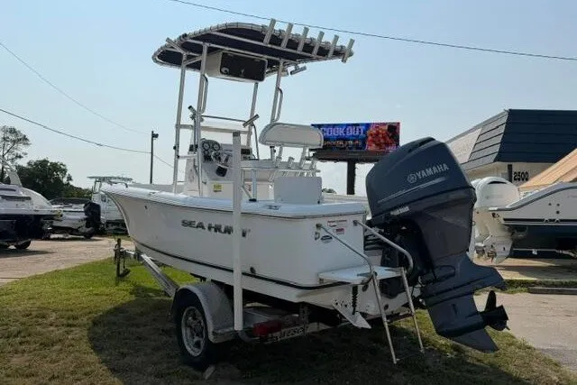 Slide: The Image of 2012 Sea Hunt Triton 177 boat with Yamaha outboard motor on trailer. - 5