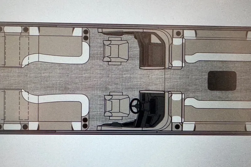 Slide: The Image of Top view layout of 2027 Avalon Excalibur Quad Lounge Shift Windshield boat interior. - 14