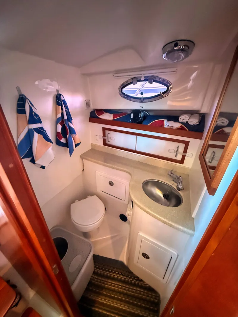 Slide: The Image of The image shows the bathroom of a 2016 Back Cove 30 with a sink and toilet. - 16