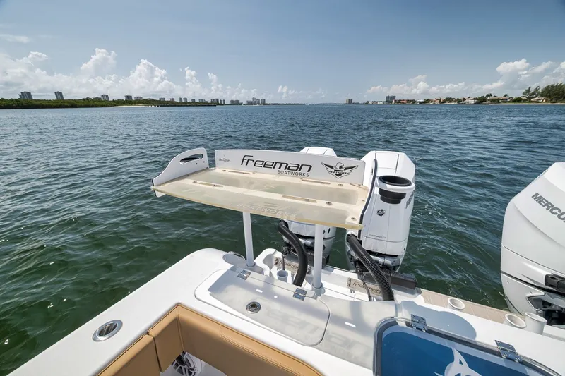 Slide: The Image of 2026 Freeman 42LR boat with dual Mercury engines on a sunny day. - 59