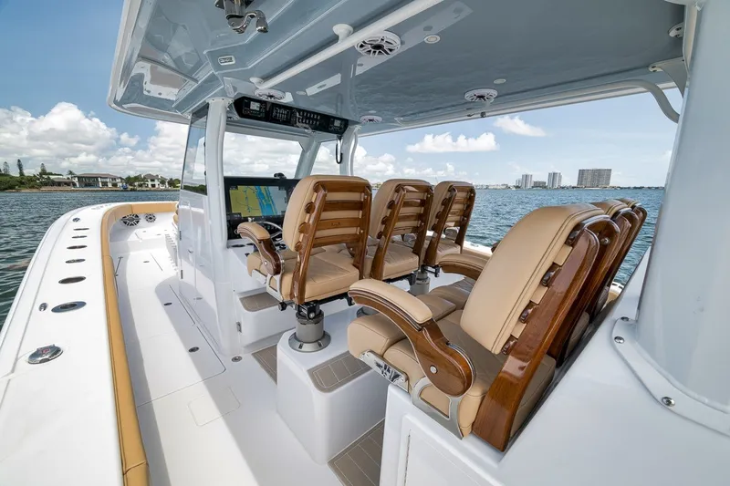 Slide: The Image of Luxurious 2026 Freeman 42LR boat interior with plush seating and advanced navigation system. - 95
