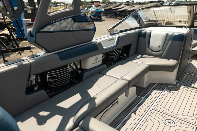 Slide: The Image of Interior of 2019 Nautique Super Air Nautique G23 boat, featuring luxurious seating and modern design. - 23
