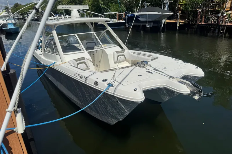 Slide: The Image of 2022 World Cat 296 DC boat docked on a calm waterway. - 2