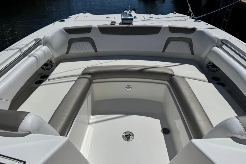 Slide: The Image of Luxurious seating area on 2022 World Cat 296 DC boat, featuring elegant upholstery and spacious design. - 21