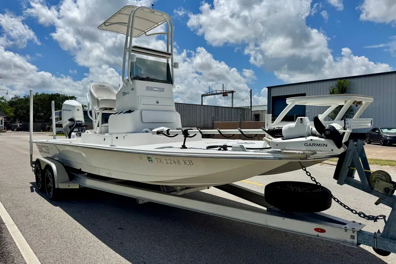 Slide: The Image of 2021 SCB R24 boat on trailer, equipped with Garmin technology, parked outdoors under a blue sky. - 5