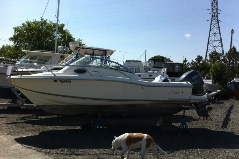 Slide: The Image of 2008 Scout 222 Abaco boat on stands, with a dog nearby in a marina setting. - 2
