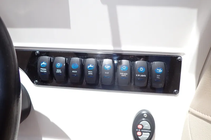 Slide: The Image of Control panel of a 2019 Sailfish 245 DC boat with labeled switches. - 24