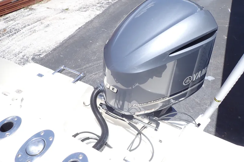 Slide: The Image of 2019 Sailfish 245 DC boat with Yamaha outboard motor, docked on pavement. - 29