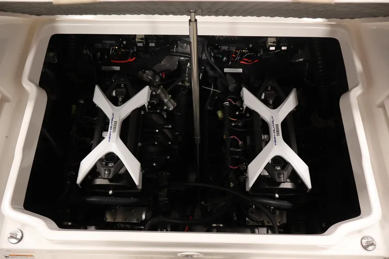 Slide: The Image of Engine compartment of 2026 Yamaha Boats 252 FSH Sport, showcasing dual engines. - 39