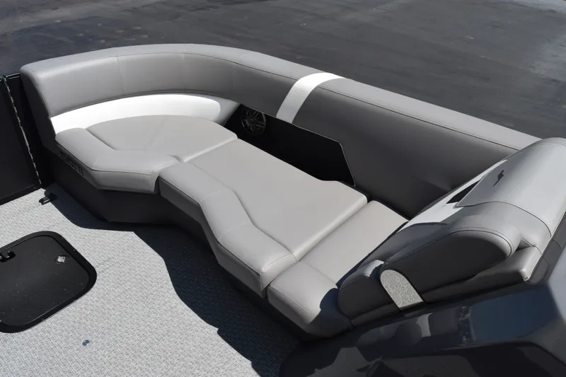 Slide: The Image of Luxurious seating in 2026 Evotti 523QL boat, featuring sleek gray upholstery. - 14