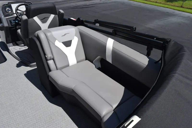 Slide: The Image of Luxurious seating in 2026 Evotti 523QL boat, featuring sleek gray and white upholstery. - 8
