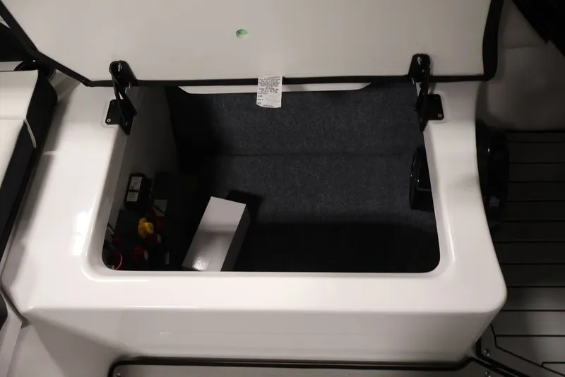 Slide: The Image of Open storage compartment in 2026 Yamaha Boats 252SD, showcasing interior space and components. - 28