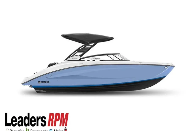 The Image of 2026 Yamaha Boats 252SD, sleek design, blue hull, black canopy, side view. - 0