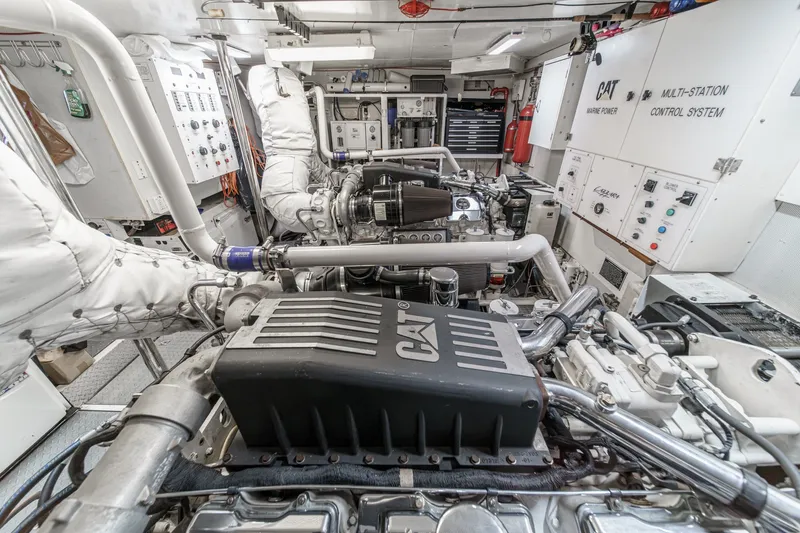 Slide: The Image of Engine room of 2006 Lazzara 84 Flybridge yacht with CAT marine power systems. - 104