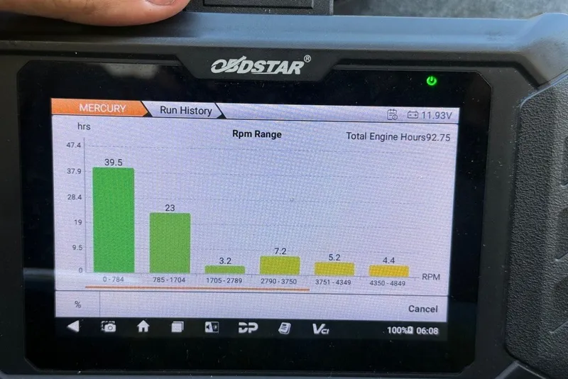 Slide: The Image of Digital display showing engine RPM history for a 2020 Ranger Z518, total hours 92.75. - 31