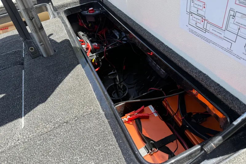 Slide: The Image of 2020 Ranger Z518 boat battery compartment with wiring and connections visible. - 52