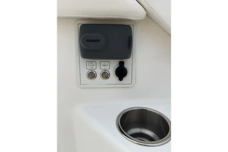 Slide: The Image of Control panel on 2016 Boston Whaler 420 Outrage boat with Fusion audio system. - 14