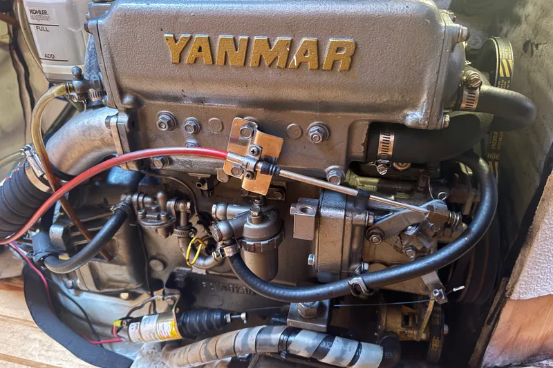 Slide: The Image of Yanmar engine in a 2000 St Francis 44 catamaran, showcasing detailed mechanical components. - 37