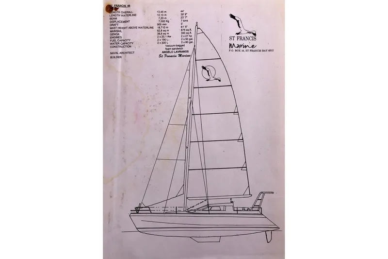 Slide: The Image of Blueprint of a 2000 St Francis 44 sailboat, featuring specifications and design details. - 4