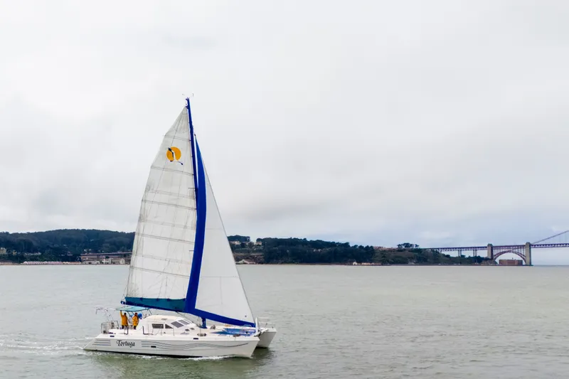 Slide: The Image of Sailing catamaran St Francis 44, 2000 model, cruising near a bridge on a cloudy day. - 64