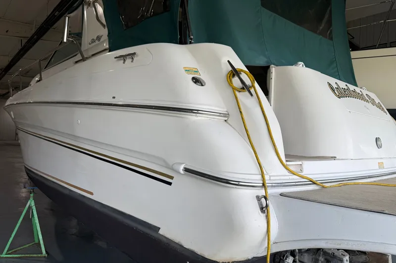 Slide: The Image of 1998 Sea Ray 290 Sundancer boat in storage, side view with green cover. - 4