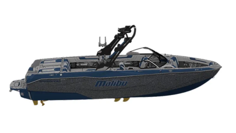 Slide: The Image of The image shows a modern 2027 Malibu Wakesetter 25 LSV boat with a sleek design. - 2