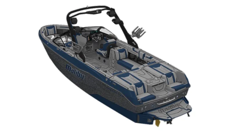 Slide: The Image of The image shows a 2027 Malibu Wakesetter 25 LSV boat with blue and gray interior. - 3