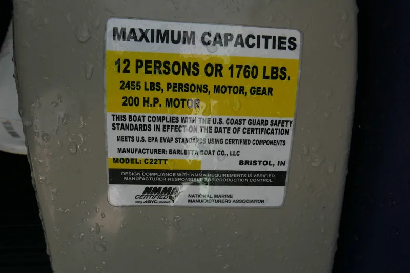 Slide: The Image of Capacity label on 2023 Barletta Cabrio 22UC, 12 persons or 1760 lbs, 200 HP motor. - 15