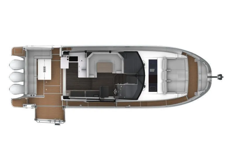 Slide: The Image of Manufacturer Provided Image: Top view of 2025 Jeanneau NC 1295 Coupe boat layout with wooden deck. - 49