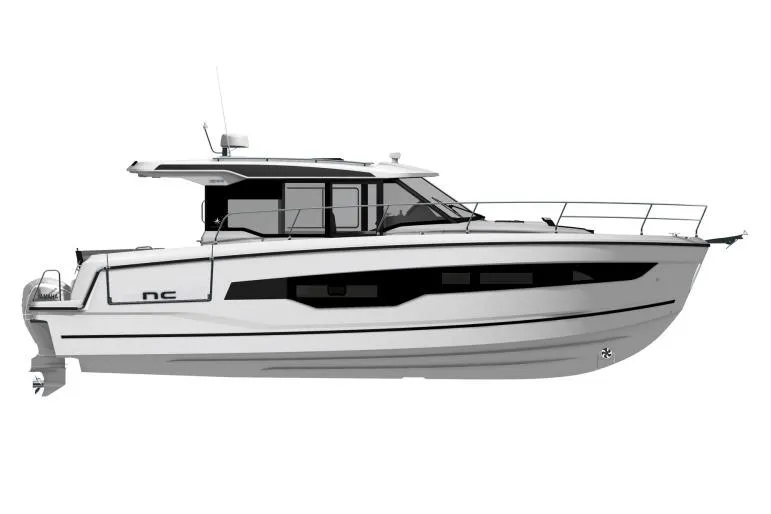 Slide: The Image of Manufacturer Provided Image: 2025 Jeanneau NC 1295 Coupe boat, sleek design, side view, white hull, modern windows. - 48