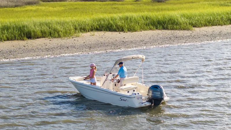 Slide: The Image of Two people fishing on a Scout 188 Sportfish boat in the water near a grassy shore. - 40