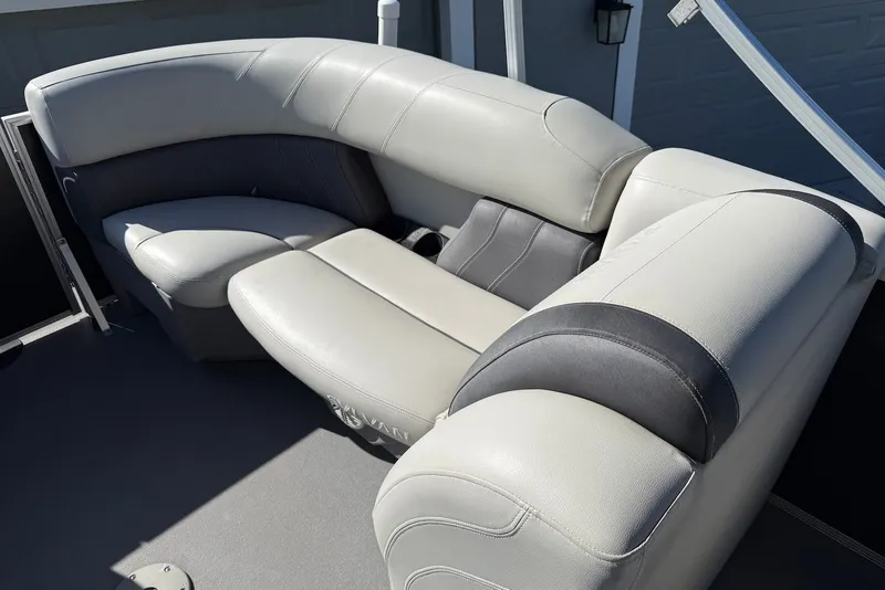 Slide: The Image of 2020 Sylvan Mirage 822 LZ boat interior with plush seating. - 15