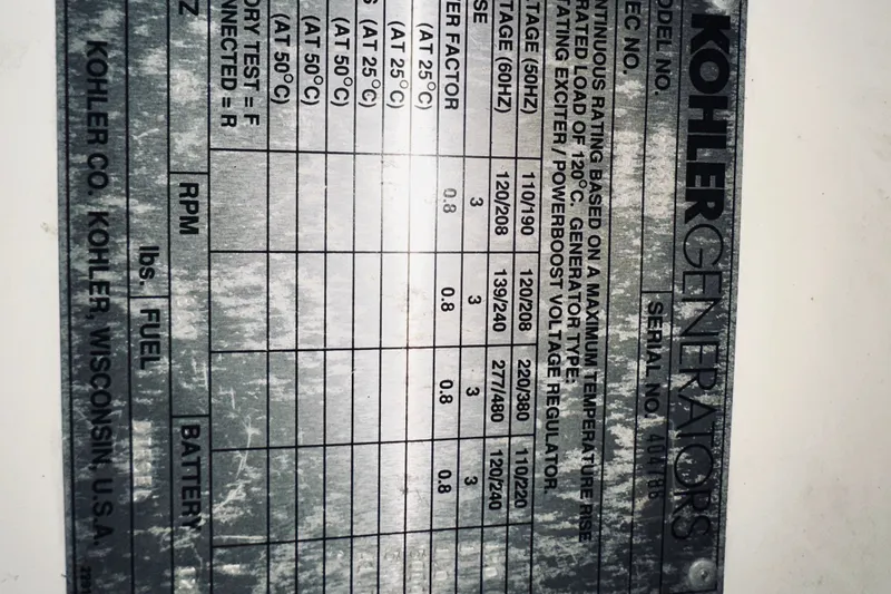 Slide: The Image of Kohler generator specification plate with voltage, RPM, and power factor details. Sabreline 36 Sedan 1996. - 60