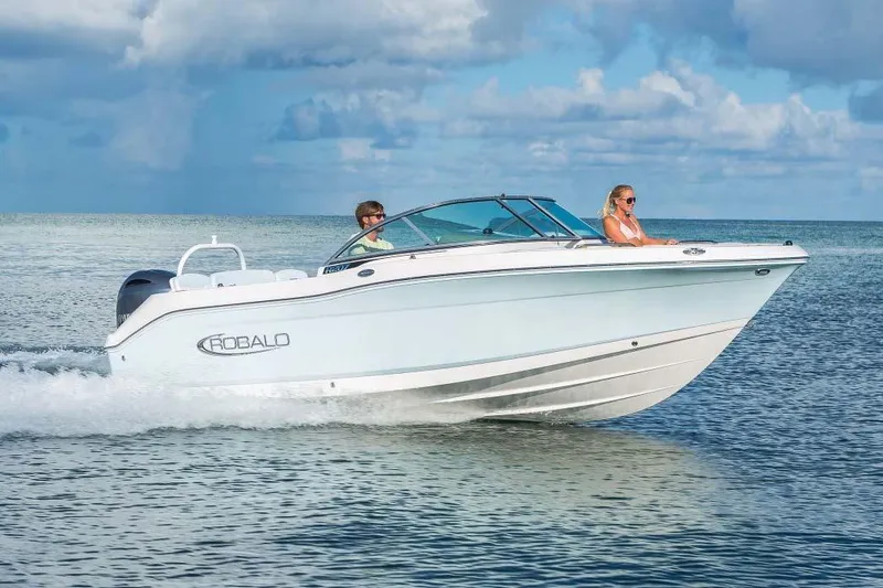 Slide: The Image of Manufacturer Provided Image: 2025 Robalo R207 Dual Console boat cruising on open water under a cloudy sky. - 0