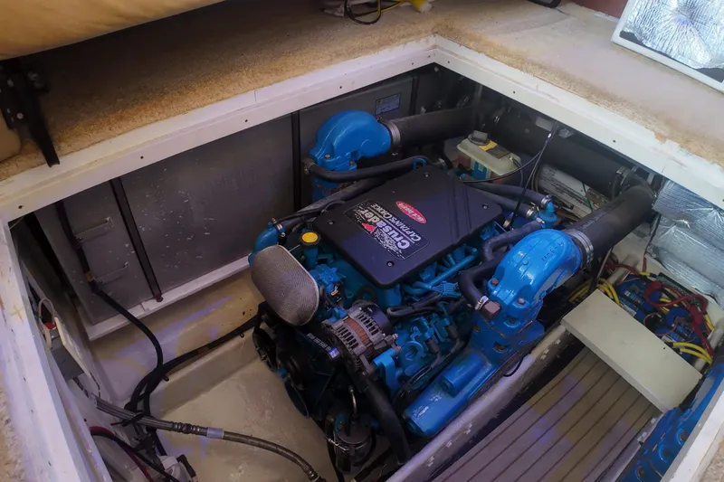 Slide: The Image of Engine compartment of a 2006 Silverton 35 Motor Yacht, featuring Crusader engine. - 23