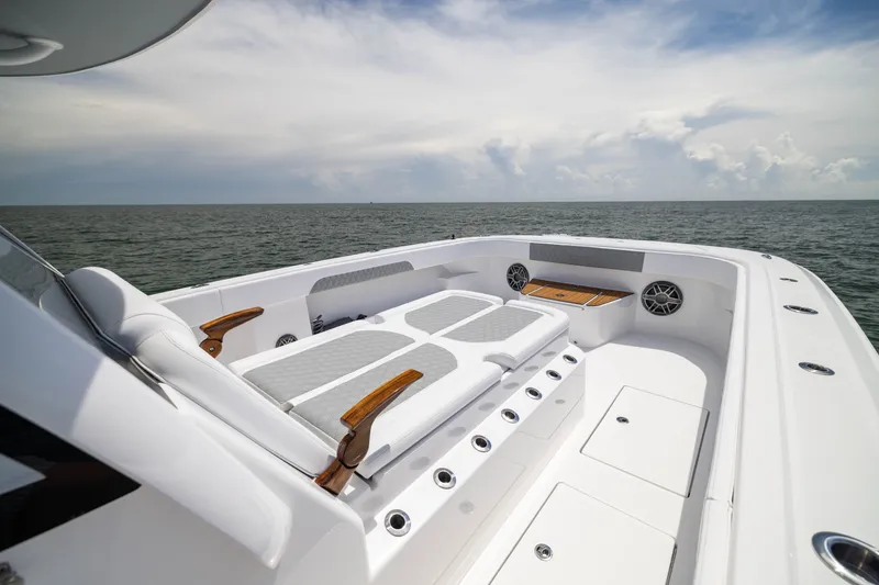 Slide: The Image of Luxurious seating area on 2026 Front Runner 43 Catamaran, overlooking the ocean. - 14