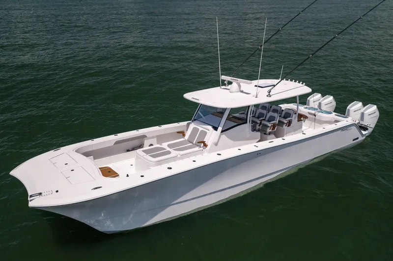 Slide: The Image of 2026 Front Runner 43 Catamaran on water, showcasing sleek design and powerful engines. - 4
