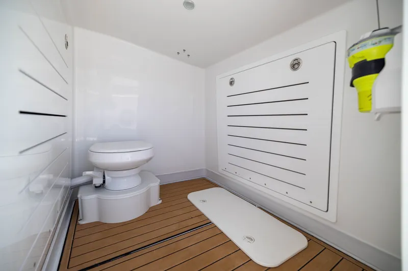 Slide: The Image of Modern bathroom interior on 2026 Front Runner 43 Catamaran, featuring sleek design and wooden flooring. - 62